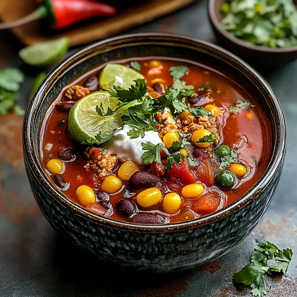 A close-up view of a bowl filled with chili topped with lime wedges, cilantro, and sour cream, surrounded by fresh ingredients.