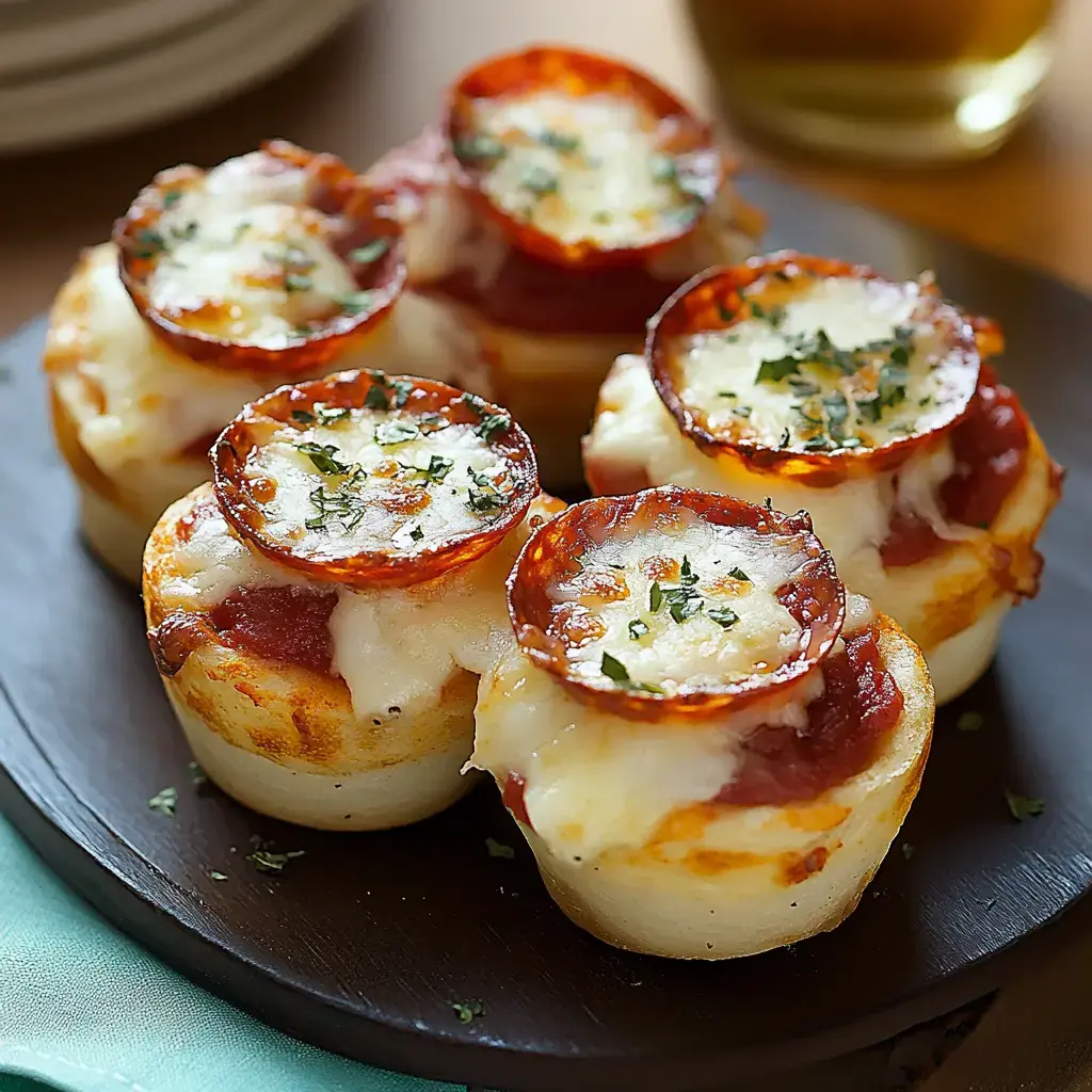 A plate of mini pizza cups topped with melted cheese, pepperoni, and herbs.