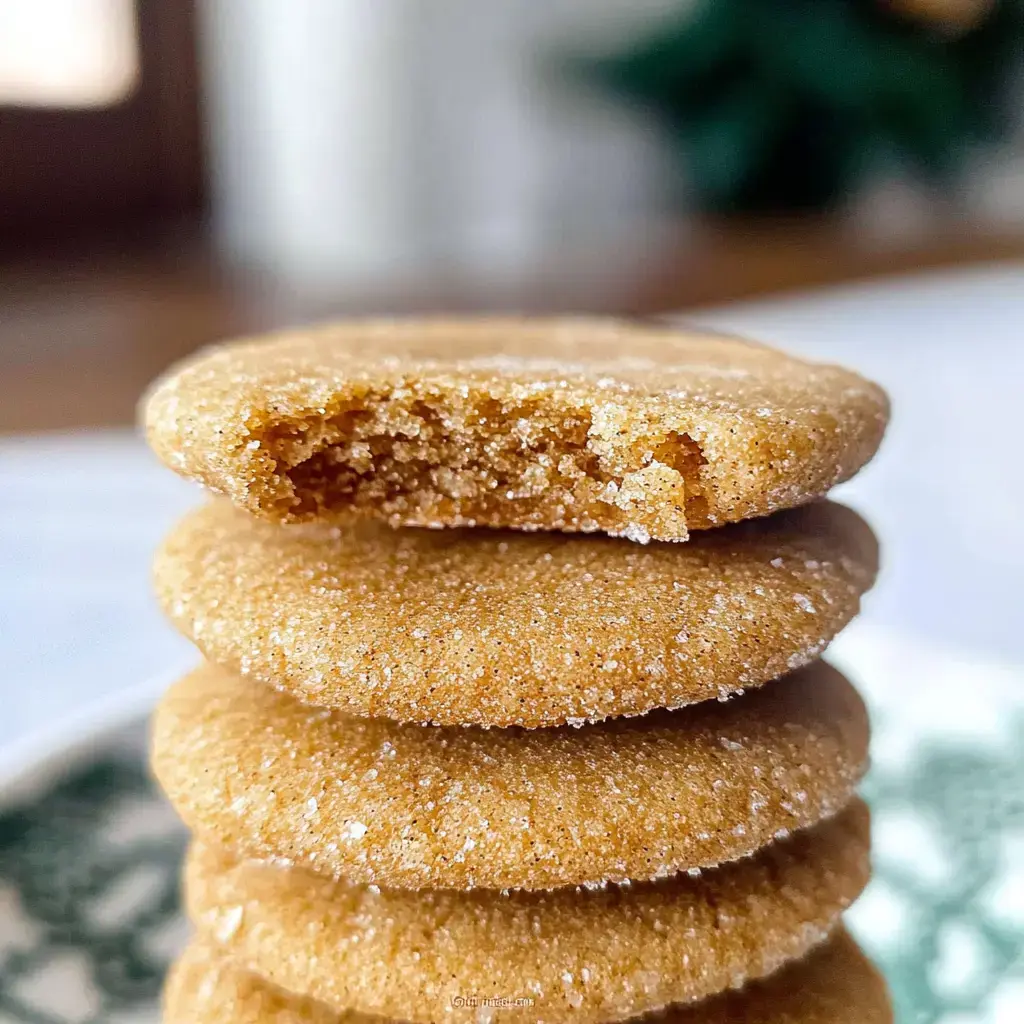 A close-up of stacked brown sugar cookies, with one cookie showing a bite taken out of it.