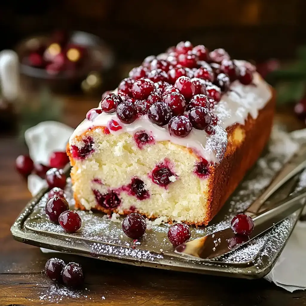 A delicious loaf cake topped with fresh cranberries and a drizzle of icing, served on a silver tray with a dusting of powdered sugar.