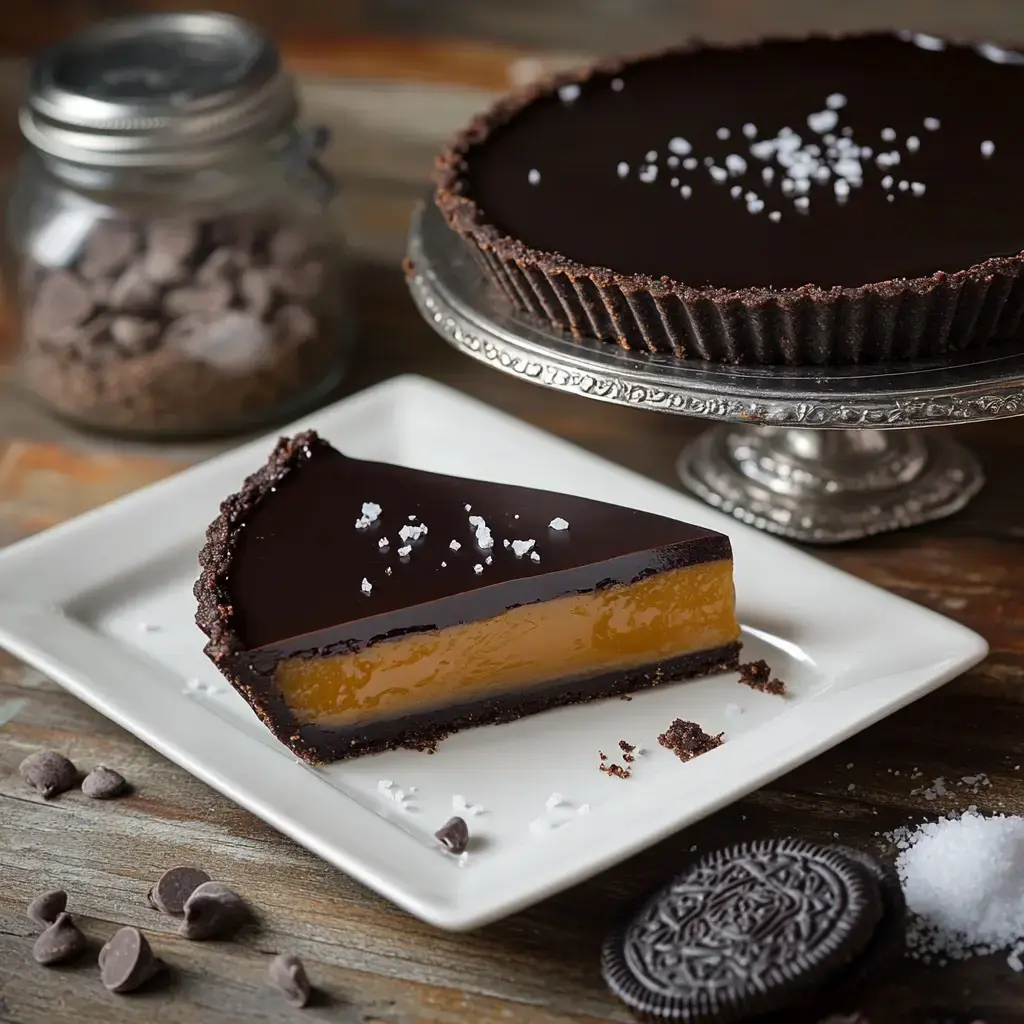 A slice of chocolate tart with a glossy topping and a creamy caramel layer rests on a white plate, accompanied by a whole tart, a jar of chocolate chips, and scattered Oreo cookies.