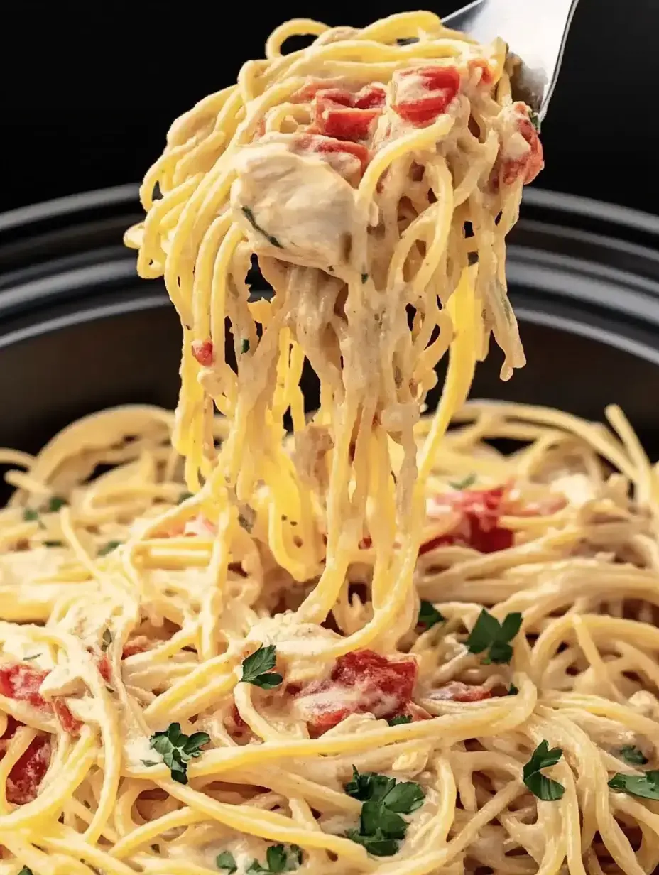 A fork lifts creamy pasta with tomatoes and herbs from a bowl against a dark background.