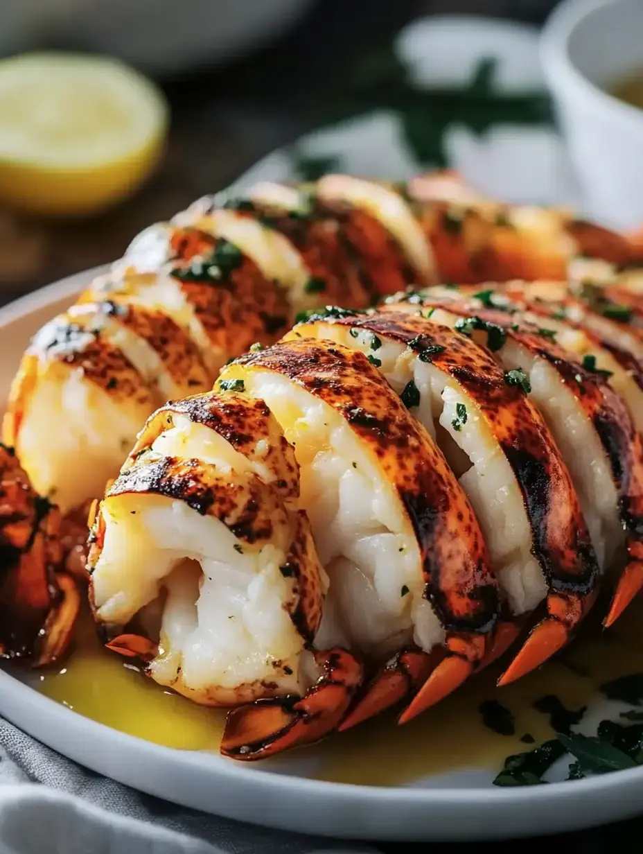 A beautifully plated dish of grilled lobster tails garnished with herbs and drizzled with olive oil.