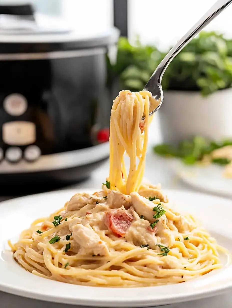 A fork lifts a portion of creamy chicken pasta from a plate, with a slow cooker and greenery visible in the background.