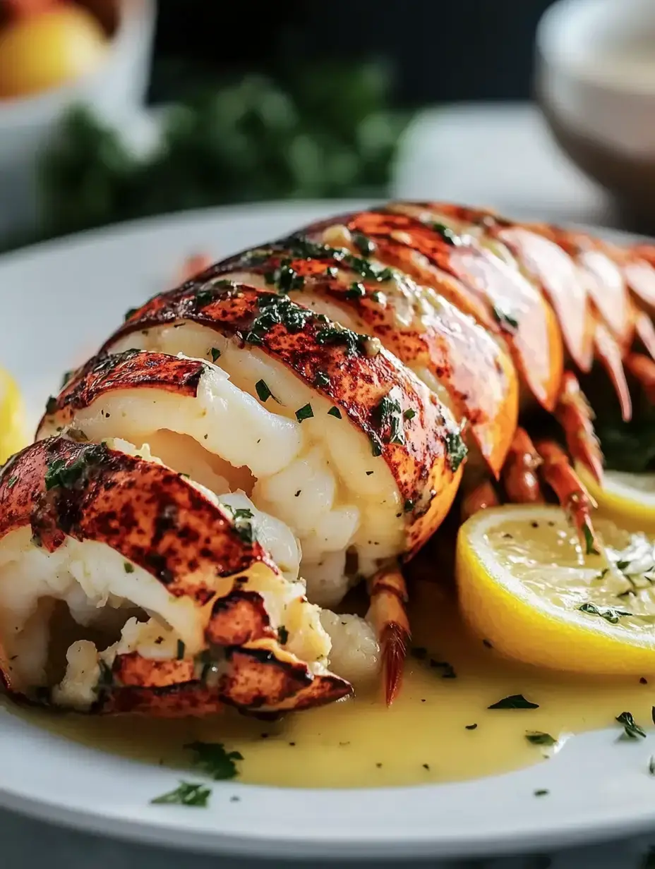 A beautifully presented lobster tail garnished with herbs, served alongside lemon wedges and a buttery sauce.