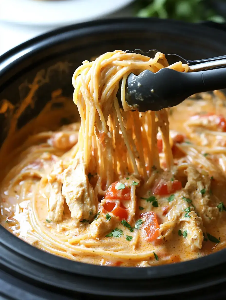 A serving of spaghetti with a creamy sauce, chicken, and diced tomatoes is being lifted with tongs from a slow cooker.