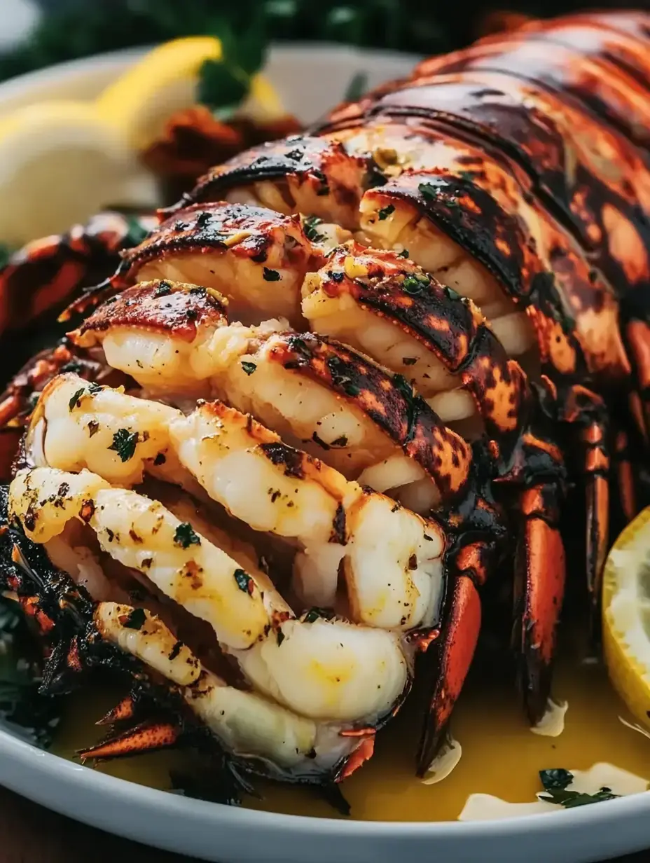 A beautifully cooked lobster tail garnished with herbs and served with lemon slices.