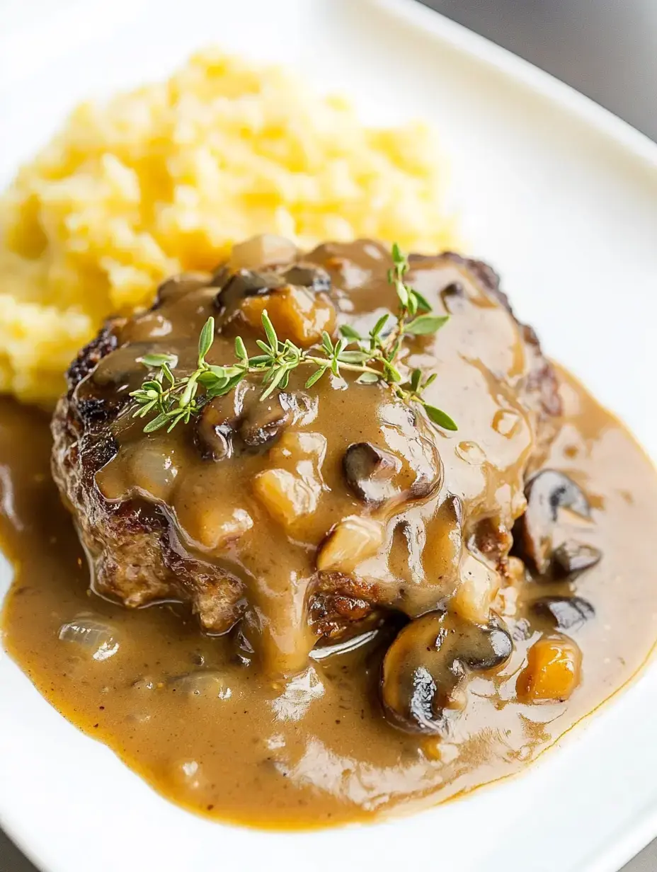 A plate of meatloaf smothered in mushroom gravy, garnished with thyme, accompanied by a serving of yellow mashed potatoes.