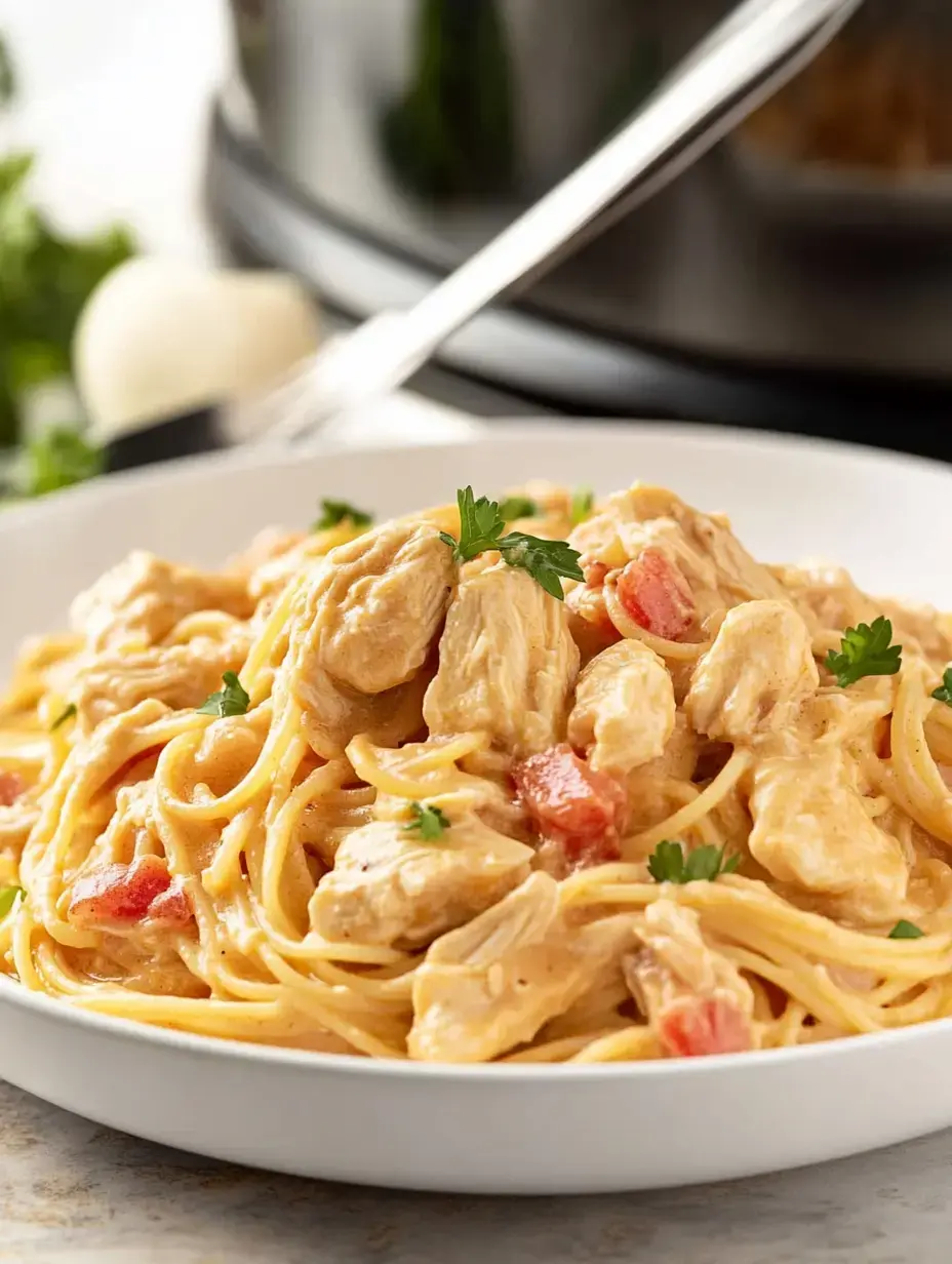 A close-up of a bowl of creamy chicken spaghetti garnished with parsley and mixed with tomatoes.