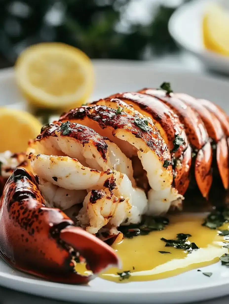 A beautifully presented grilled lobster tail with a lemon wedge and a drizzle of sauce on a white plate.