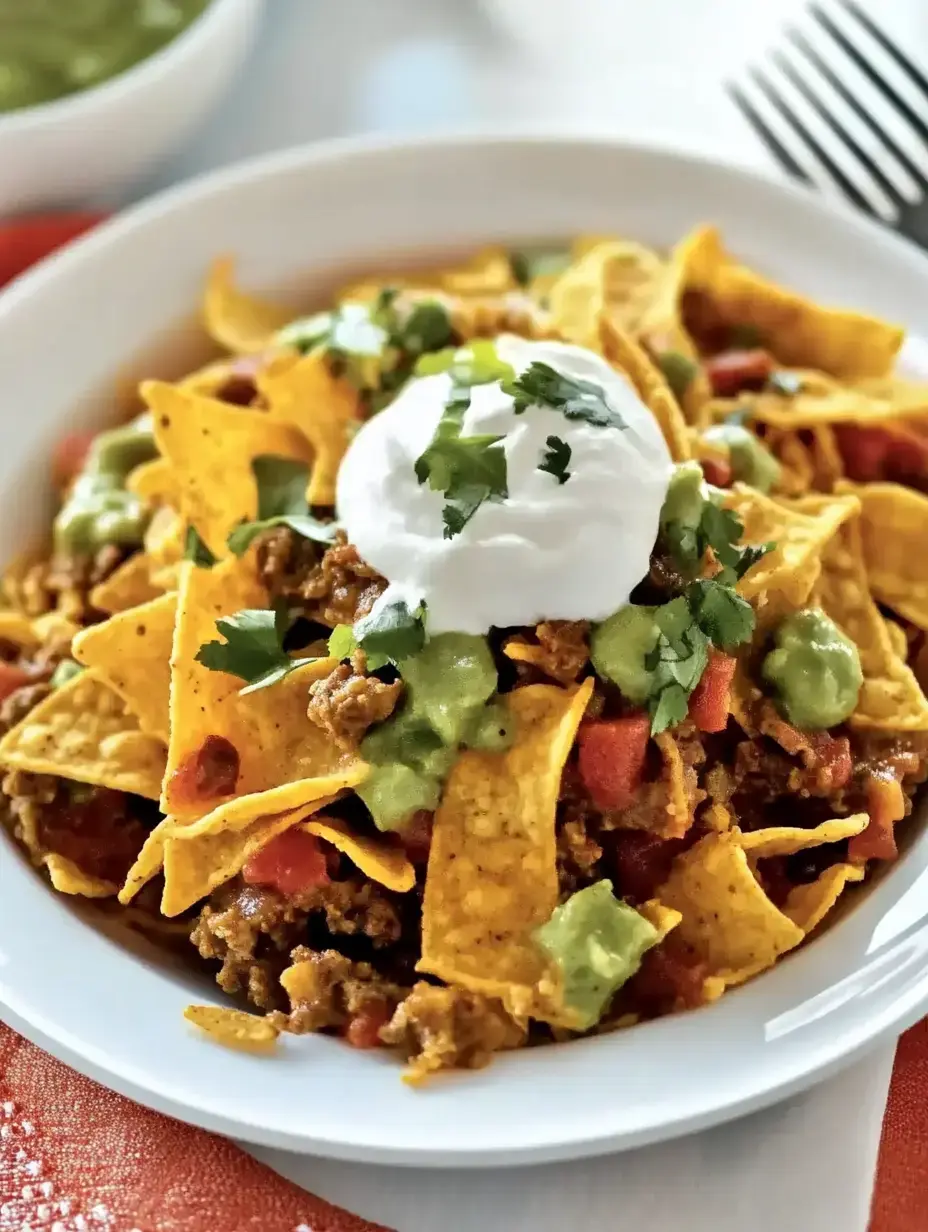 A bowl of nachos topped with seasoned ground beef, diced tomatoes, guacamole, sour cream, and fresh cilantro.