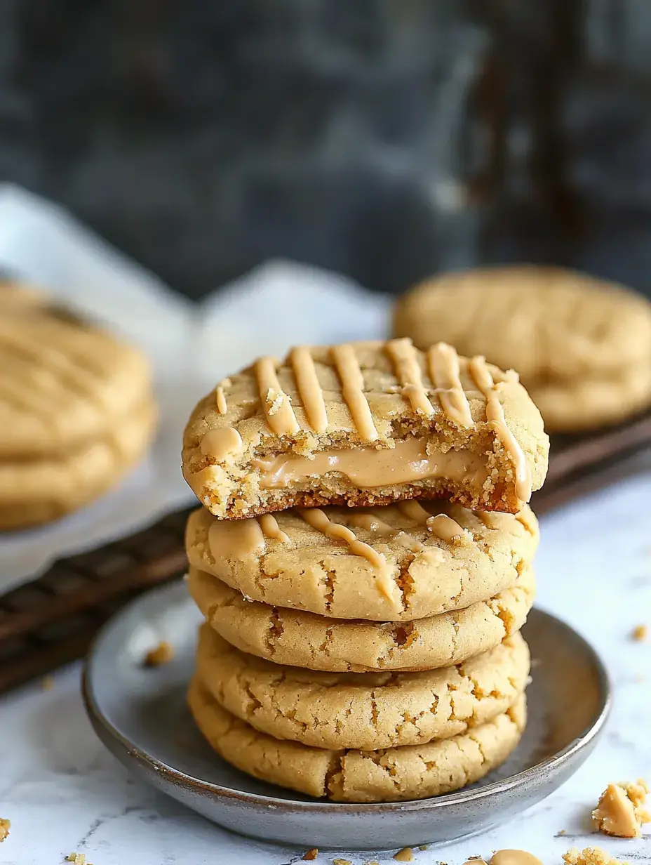 A stack of peanut butter cookies with a bite taken out of the top cookie, revealing a creamy filling, sits on a small plate with more cookies in the background.