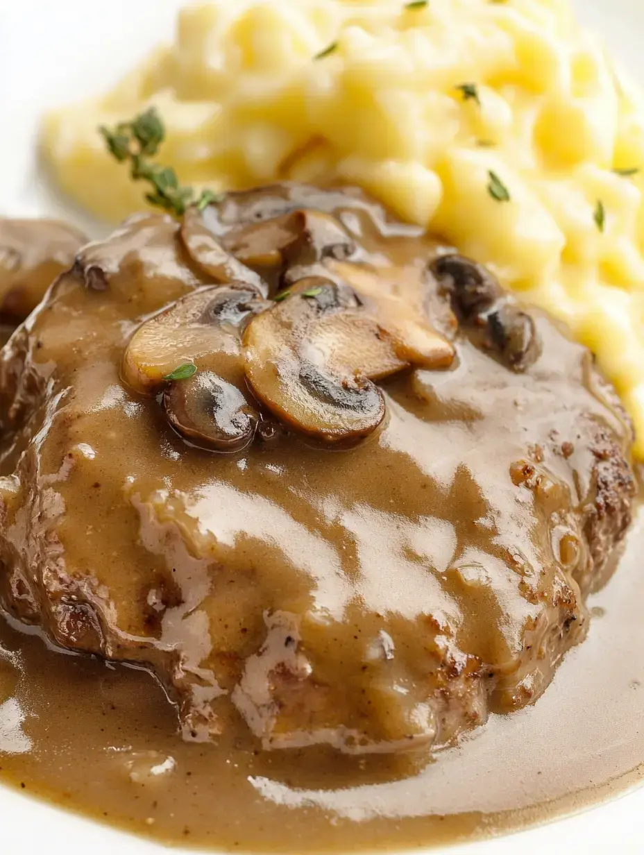 A plate featuring a savory beef patty topped with mushroom gravy and served alongside creamy mashed potatoes.