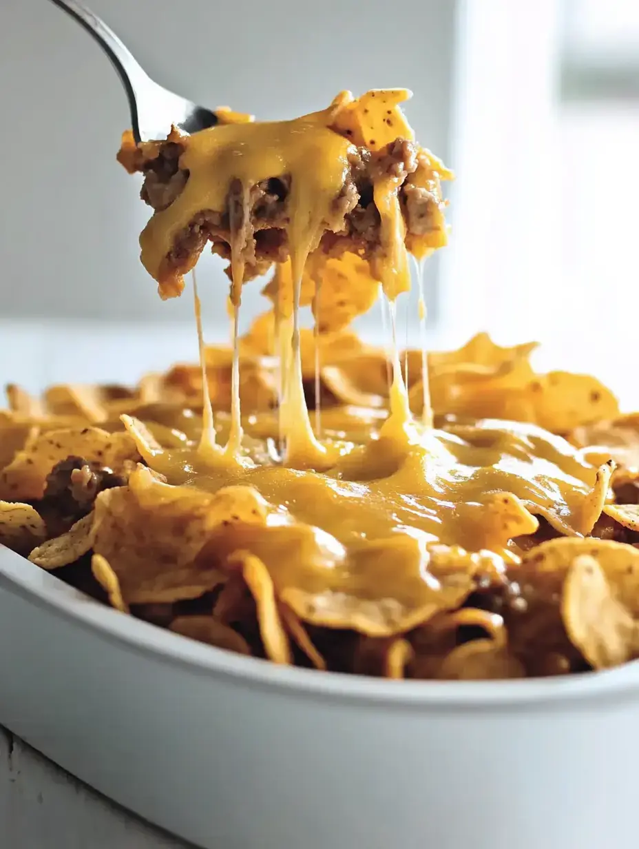 A fork lifts a portion of cheesy, meaty nachos from a dish, revealing melted cheese stretching from the serving.