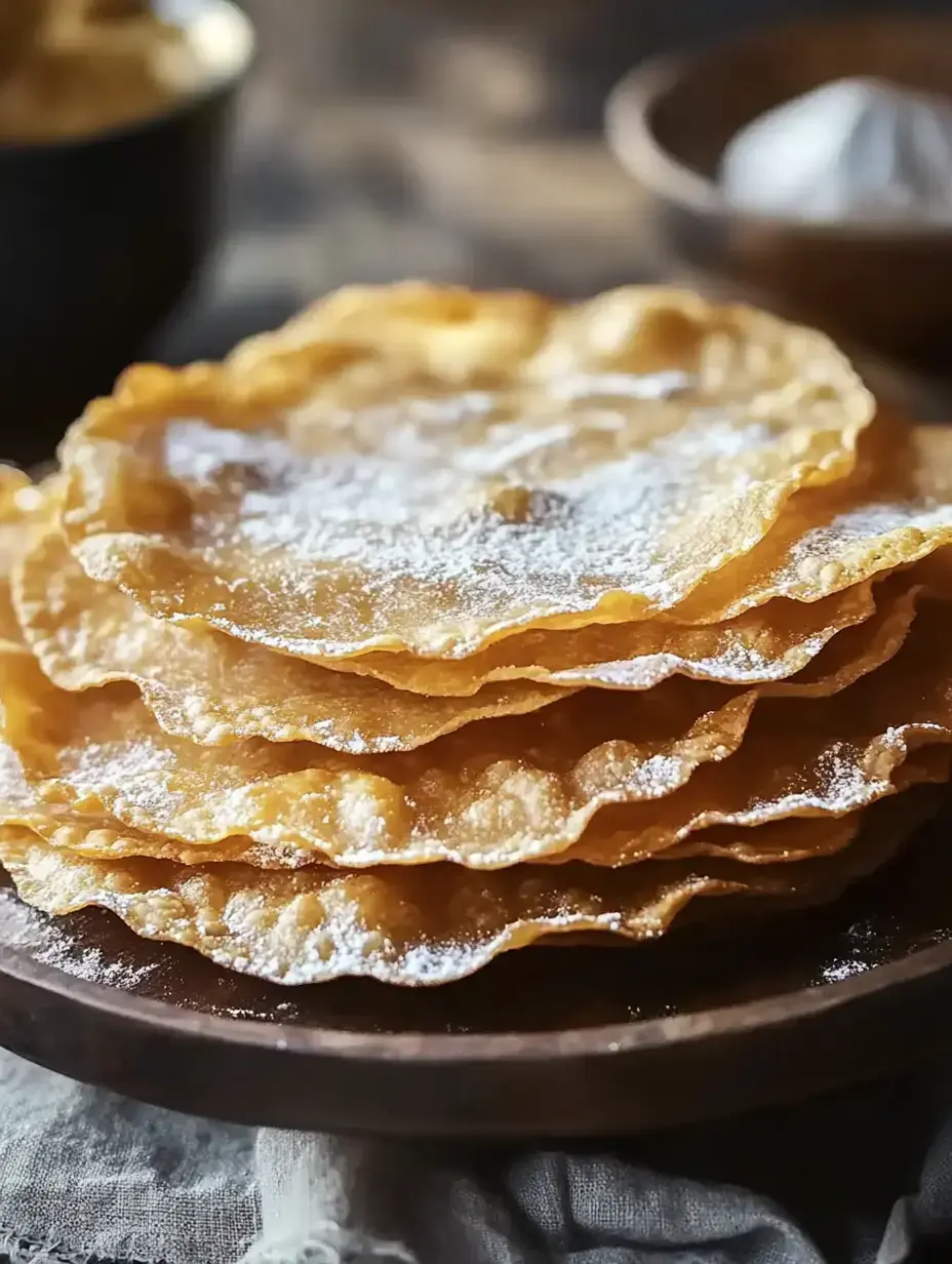 A close-up image of a stack of crispy, golden-brown flatbreads dusted with powdered sugar on a wooden plate.