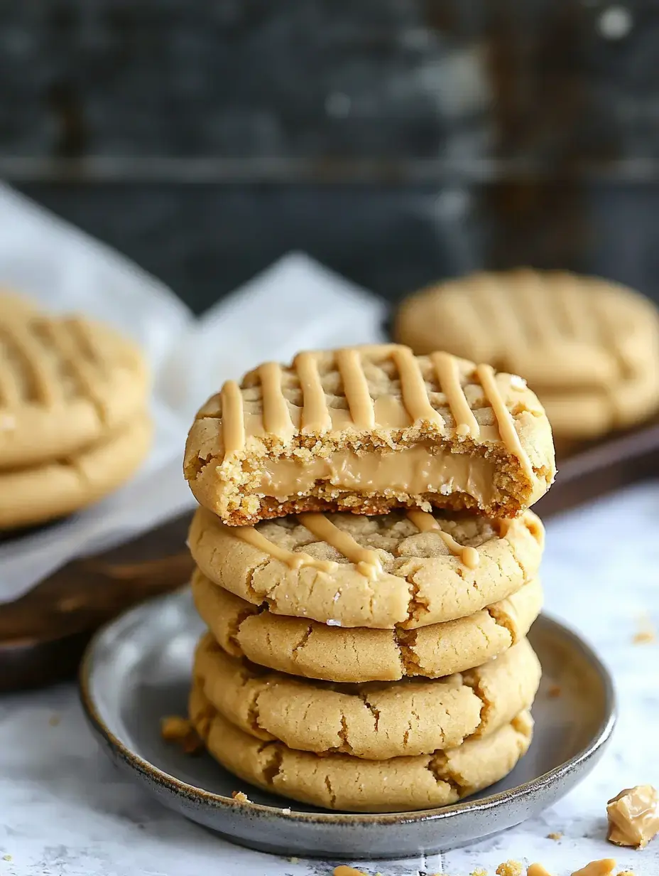 A stack of peanut butter cookies, one cookie with a bite taken out, revealing a creamy filling inside, placed on a plate.