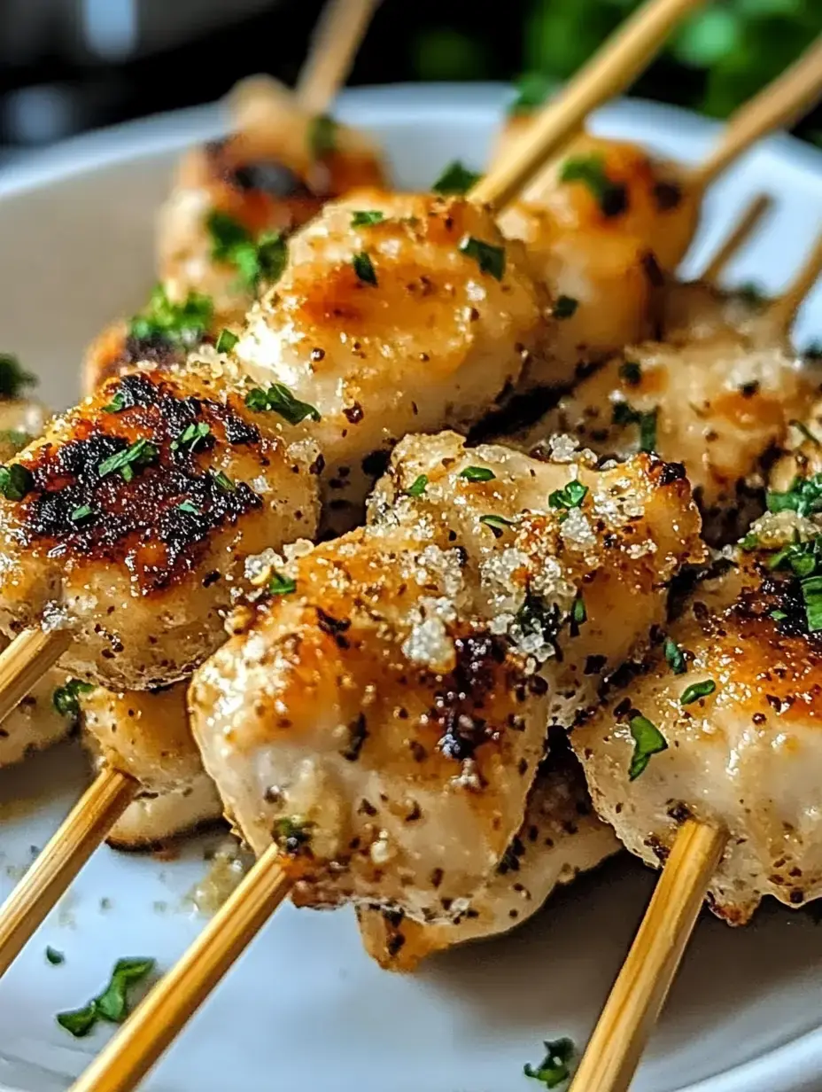 Grilled chicken skewers garnished with herbs and spices, served on a white plate.