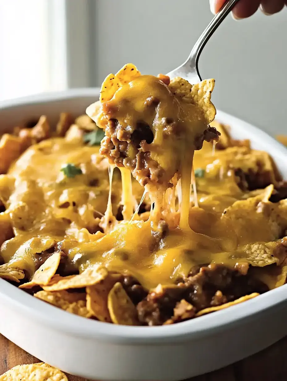 A fork lifts a portion of cheesy nachos topped with ground beef and melted cheese from a dish.