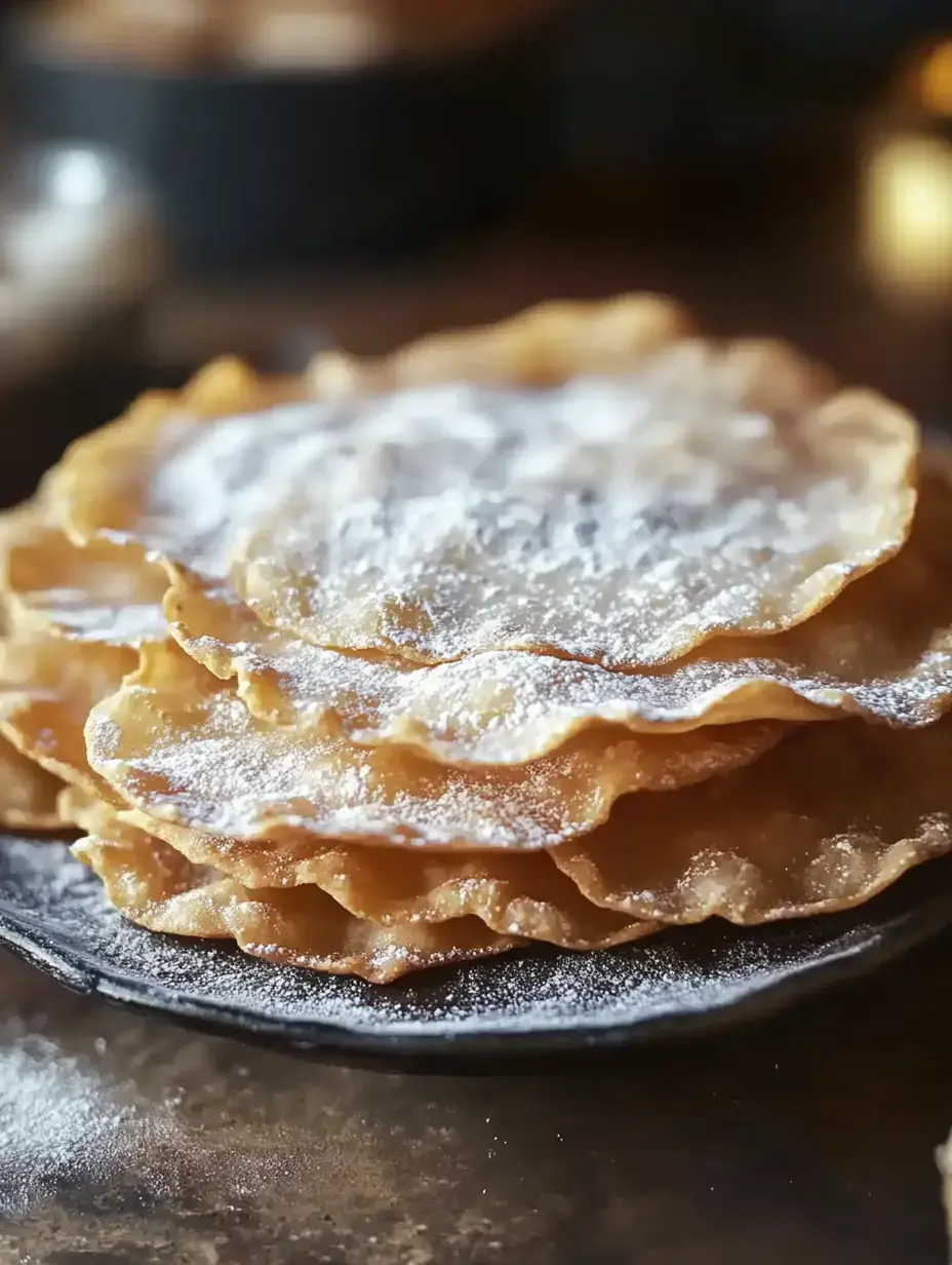 A stack of crispy, golden-brown pastries dusted with powdered sugar on a dark plate.