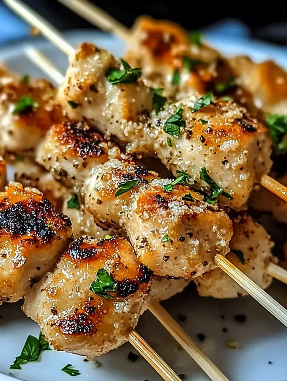 Grilled skewers of marinated chicken bites garnished with parsley lie on a plate.