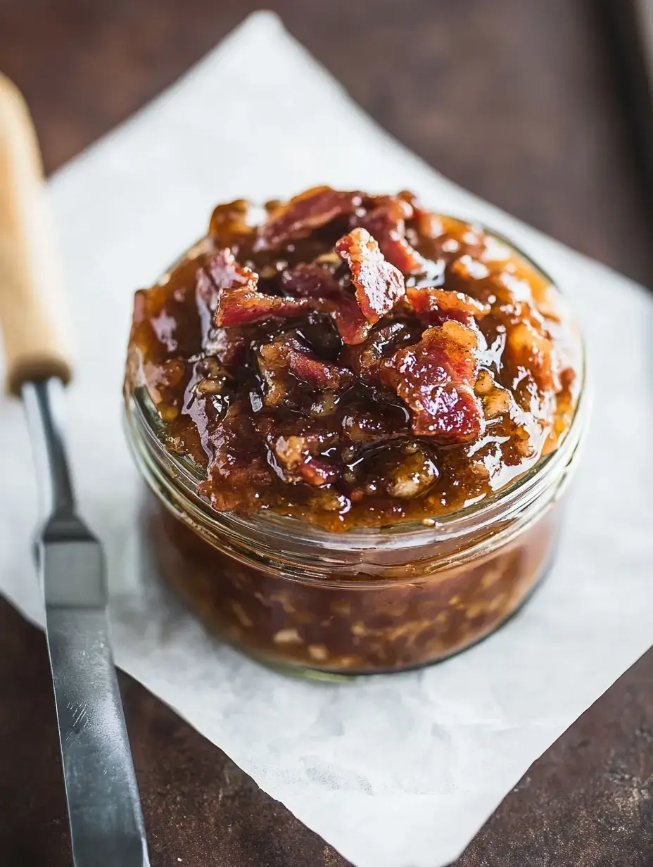 A glass jar filled with a glossy, bacon-topped spread sits on a piece of parchment paper, accompanied by a knife.