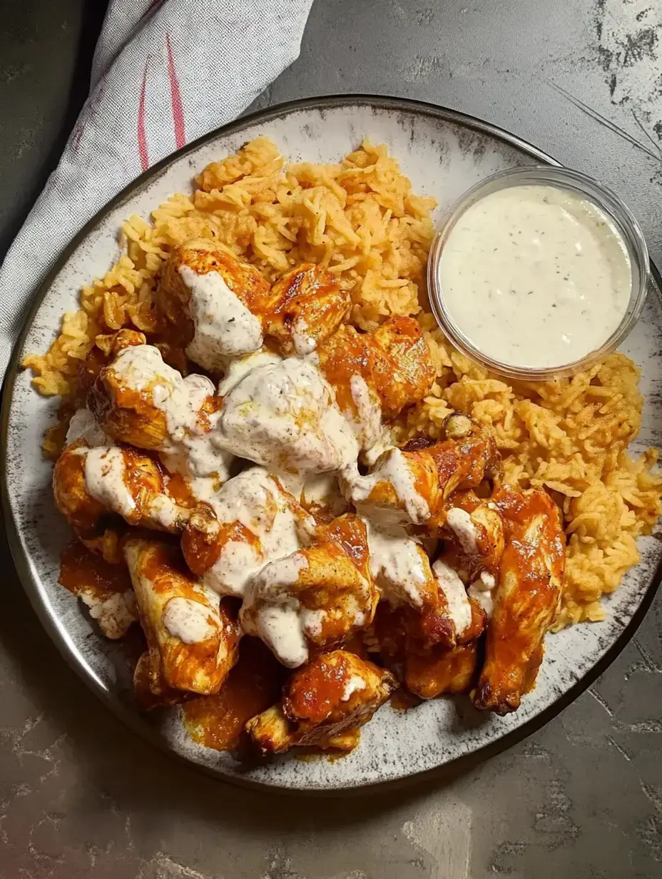 A plate of chicken wings topped with sauce and drizzled with a creamy dressing, served alongside seasoned rice and a small container of sauce.