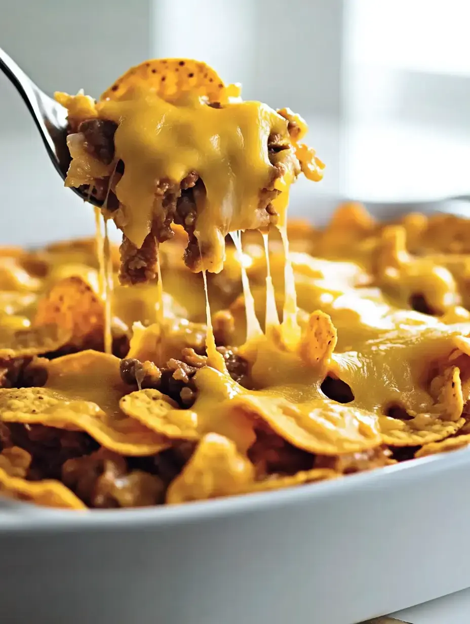 A fork lifts a cheesy dish showcasing a layer of melted cheese, ground meat, and corn chips.