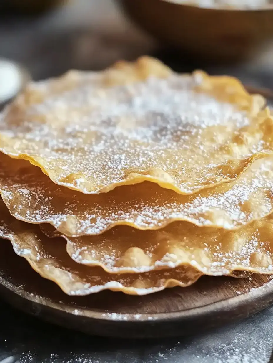 A plate stacked with three crispy, golden pastry sheets dusted with powdered sugar.