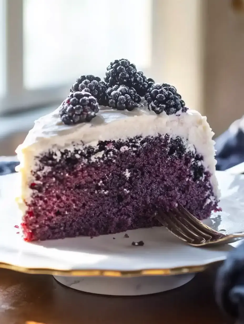 A slice of purple berry cake topped with blackberries and white frosting, resting on a decorative plate with a fork nearby.