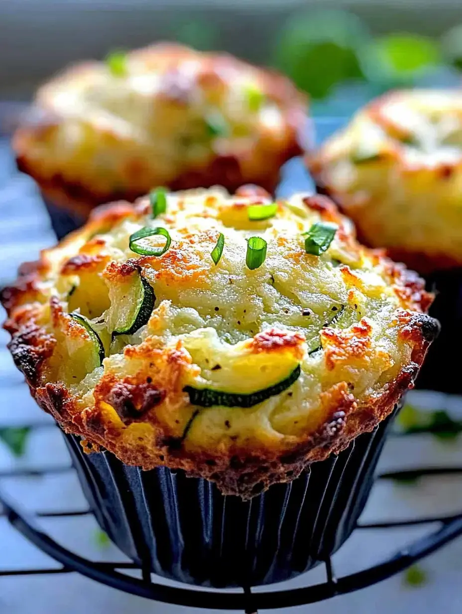 Three golden-brown savory muffins with zucchini and green onion peeking out, displayed on a cooling rack.