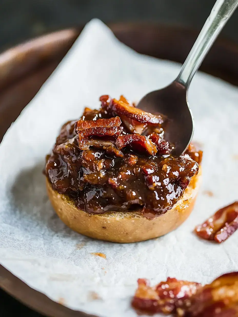 A close-up of a small pastry topped with a sticky, caramelized sauce and pieces of bacon, served on parchment paper.