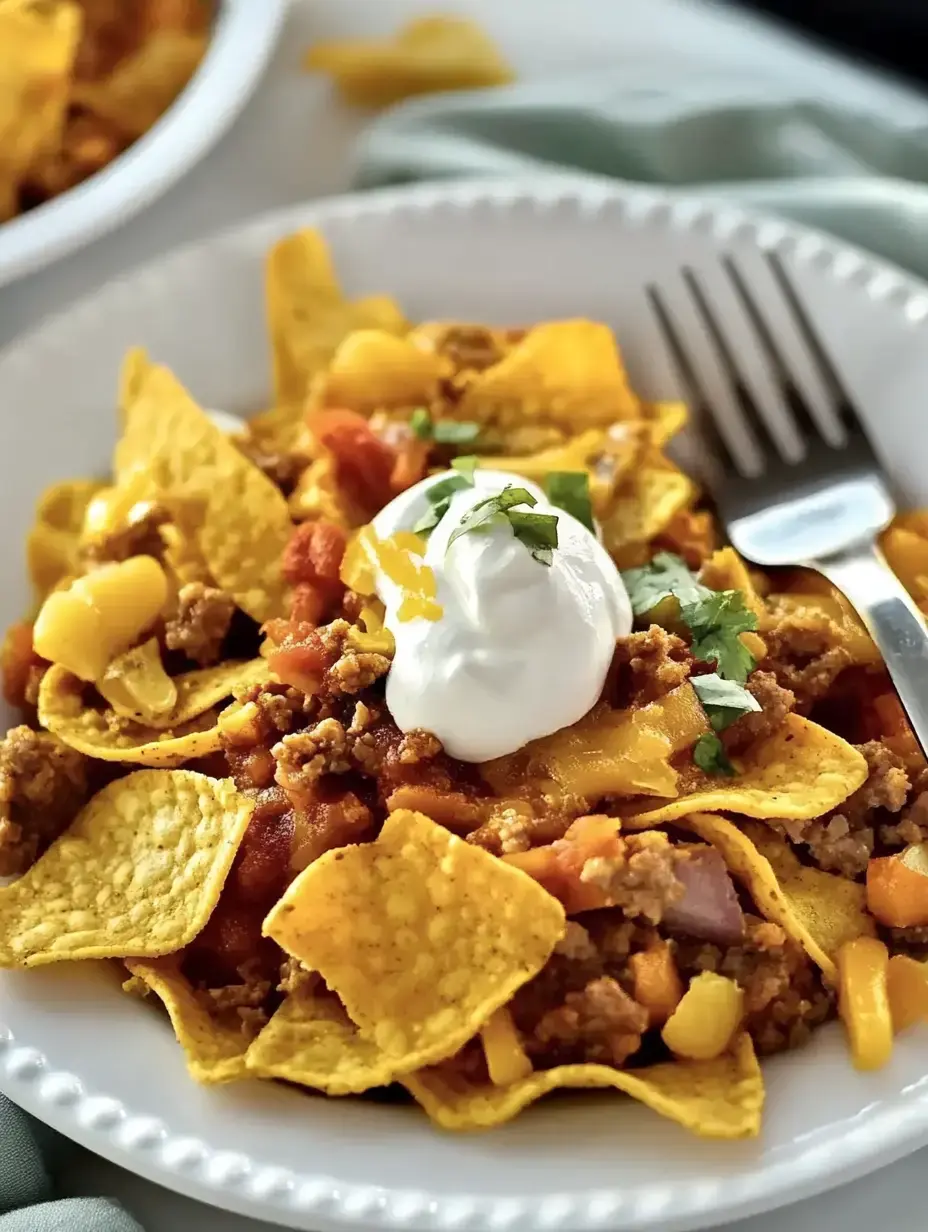 A plate of nachos topped with seasoned ground beef, shredded cheese, diced tomatoes, corn, a dollop of sour cream, and fresh cilantro.