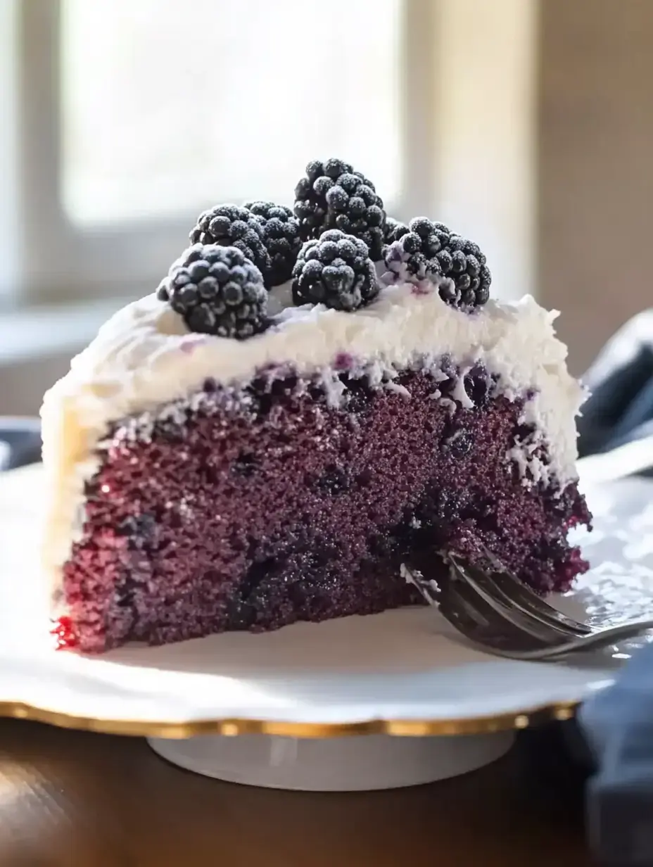 A slice of purple cake topped with whipped cream and fresh blackberries sits on a white plate.