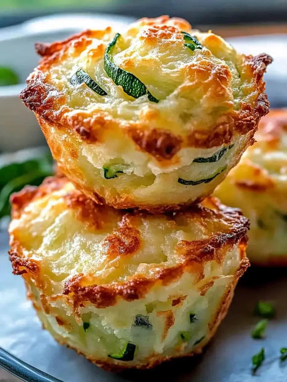 A close-up image of two golden-brown, cheesy zucchini muffins stacked on a plate.