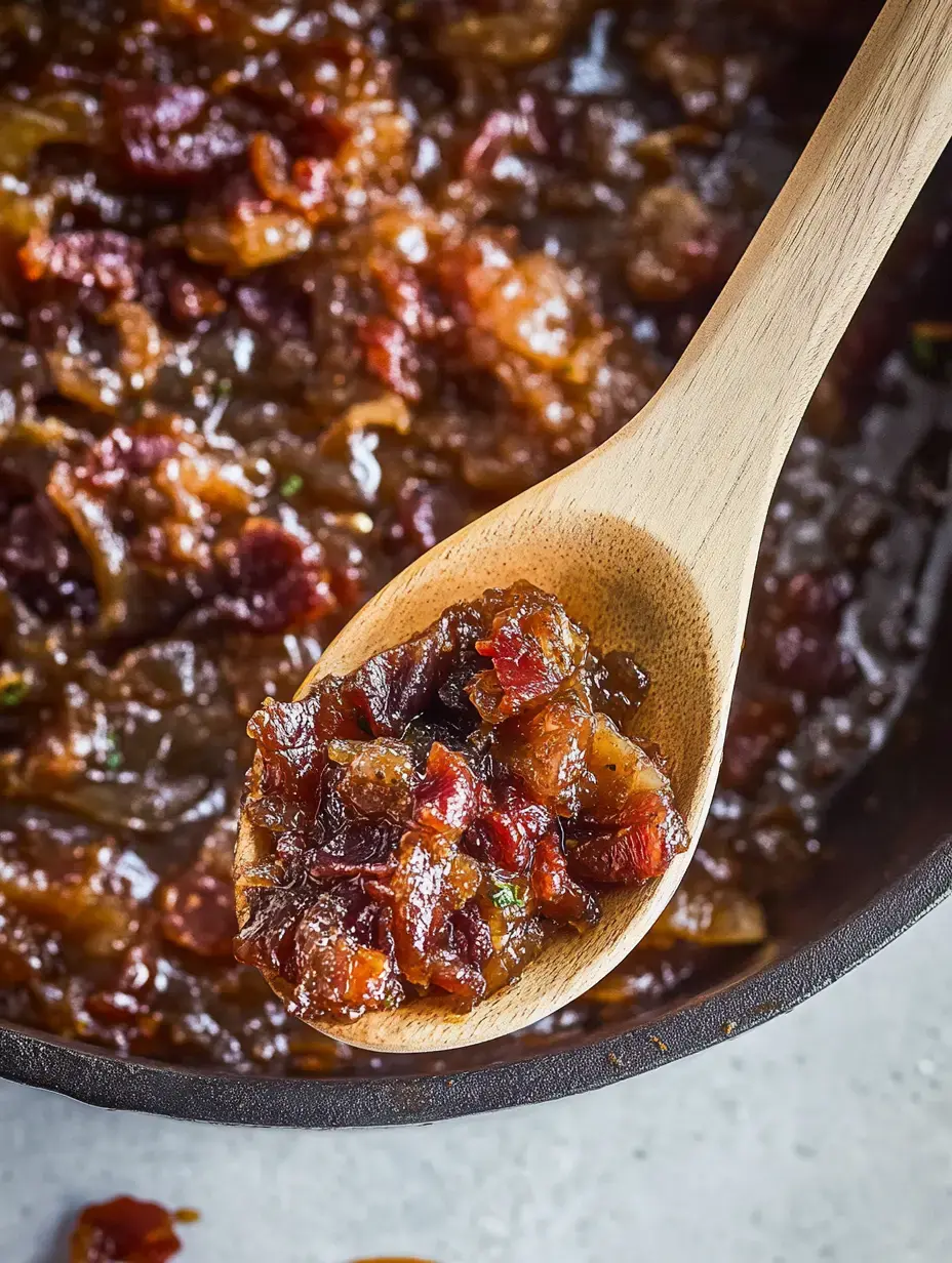 A wooden spoon holds a scoop of chunky, rich-looking sauce above a skillet filled with a similar dark, textured mixture.