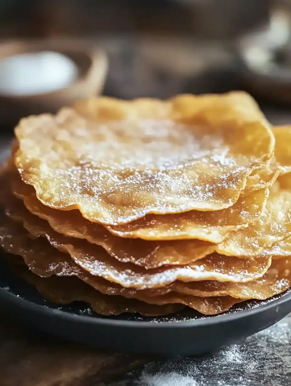 A stack of golden, crispy desserts dusted with powdered sugar on a black plate.