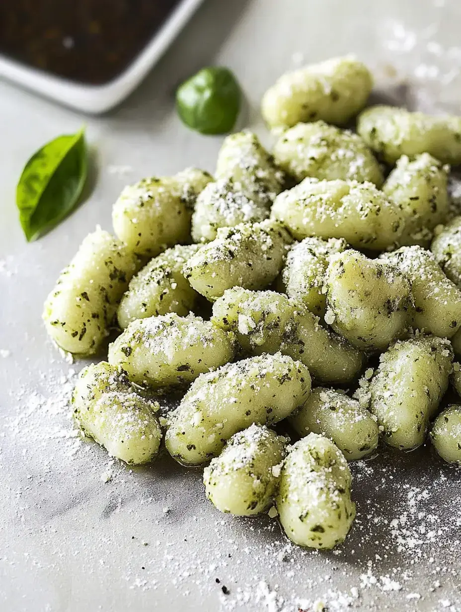 A close-up of herb-seasoned gnocchi dusted with grated cheese, accompanied by fresh basil leaves, on a light surface.