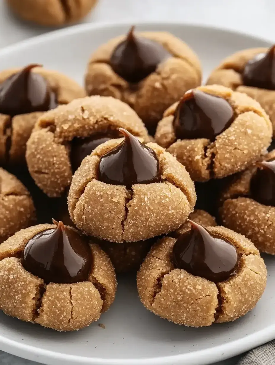 A plate of cookie balls coated in sugar with a chocolate kiss placed on top of each cookie.