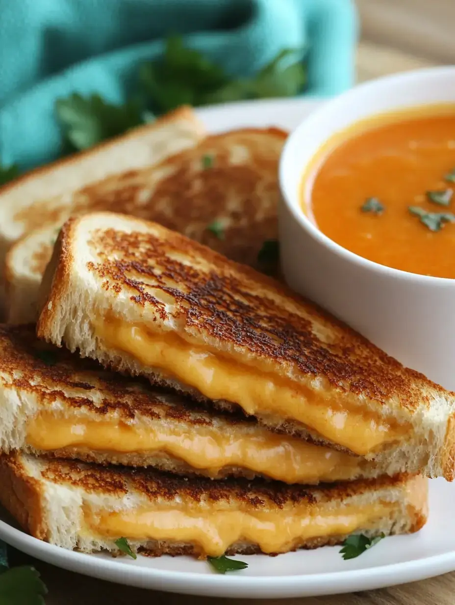 A plate with three gooey grilled cheese sandwiches served alongside a bowl of tomato soup.