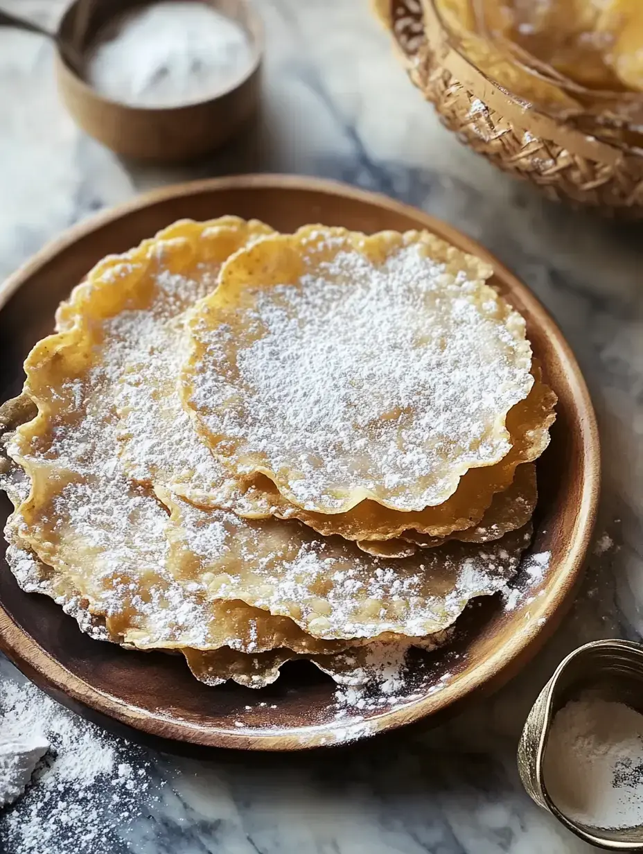 A wooden plate holds several round, crispy pastries dusted with powdered sugar, accompanied by a wooden bowl of more sugar in the background.