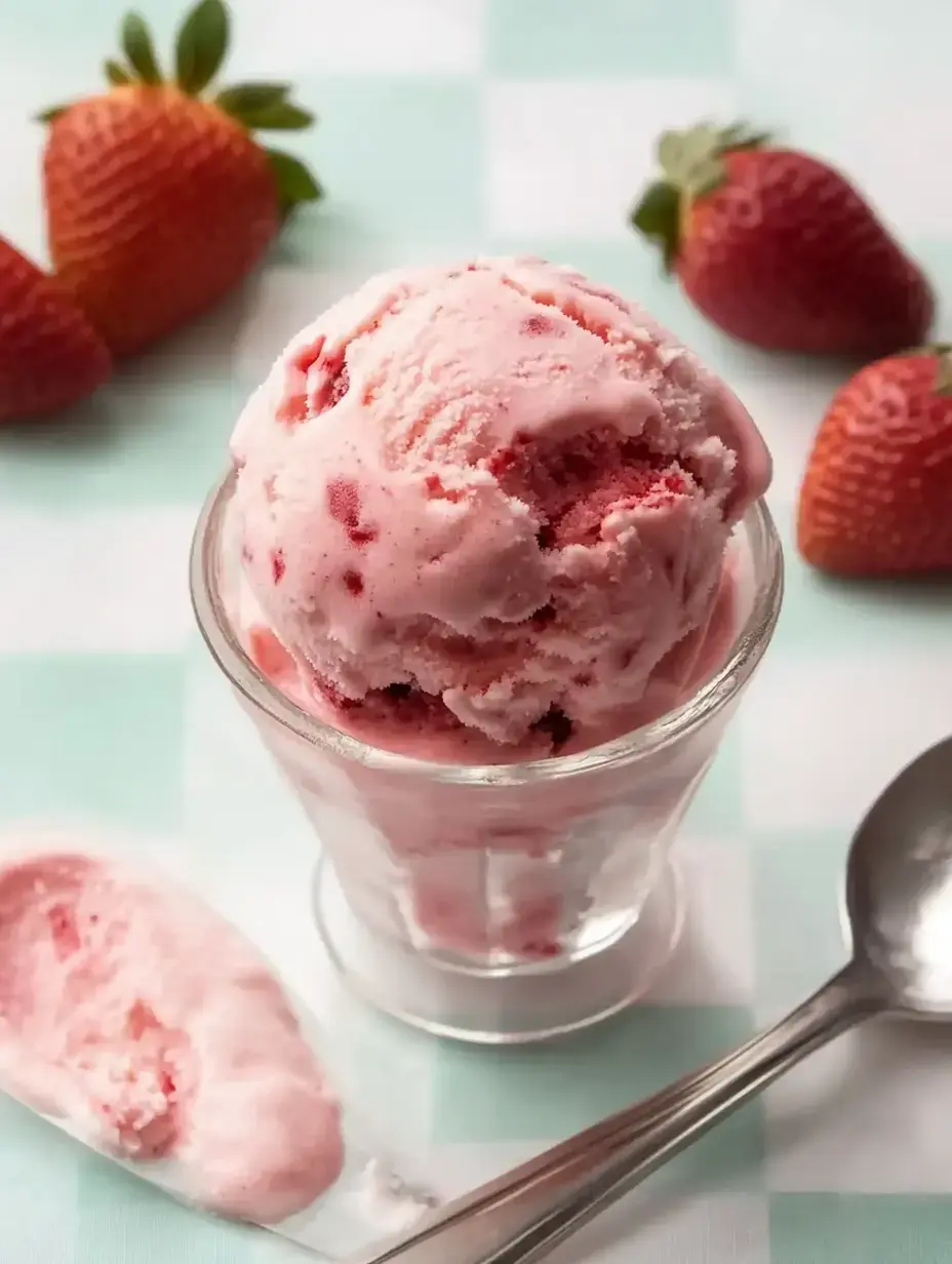 A scoop of strawberry ice cream is served in a glass, accompanied by fresh strawberries and a silver spoon on a checkered background.