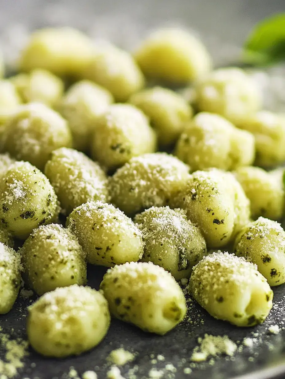 A close-up of soft, green-hued gnocchi sprinkled with grated cheese on a dark plate.