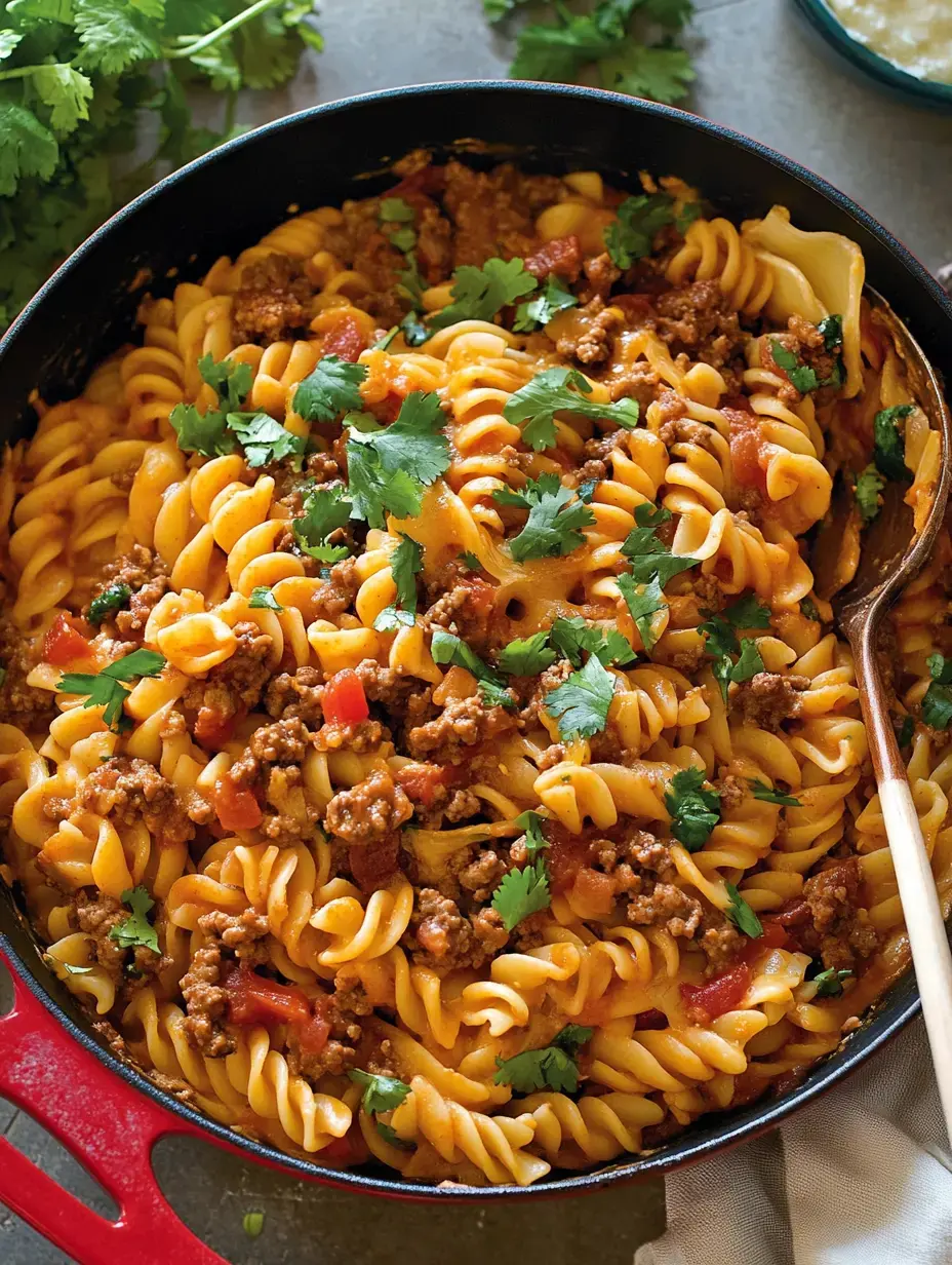 A close-up of a pot filled with rotini pasta, ground meat, diced tomatoes, and garnished with fresh cilantro.