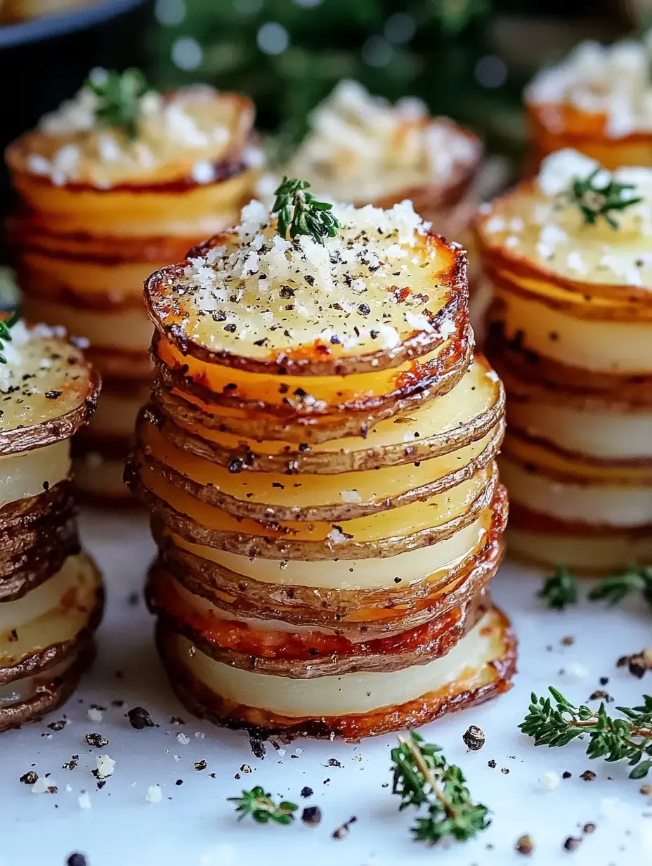 A close-up image of neatly stacked, crispy potato slices topped with herbs and seasoning.