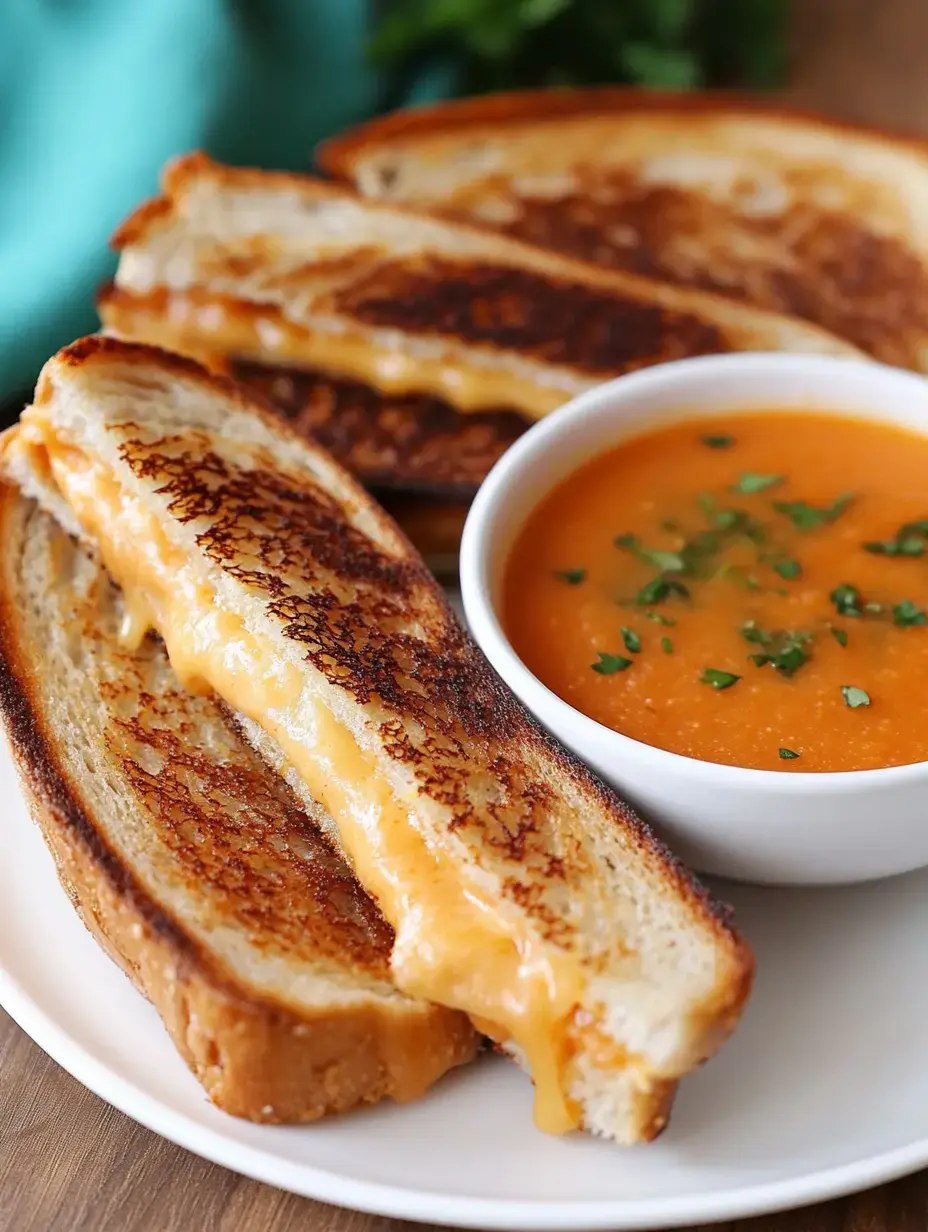 A plate with golden-brown grilled cheese sandwiches and a small bowl of tomato soup garnished with parsley.