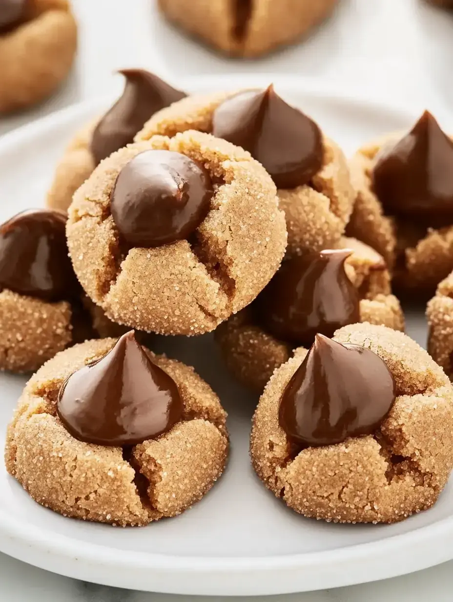 A plate of soft, brown sugar cookies topped with glossy chocolate kisses.