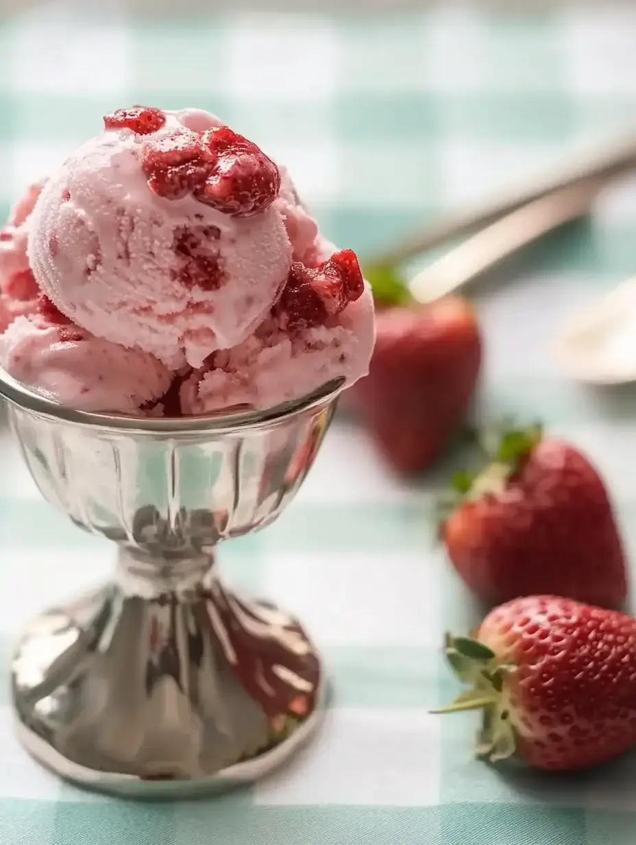 A glass dish filled with strawberry ice cream topped with pieces of strawberries, with fresh strawberries placed beside it on a green checkered tablecloth.