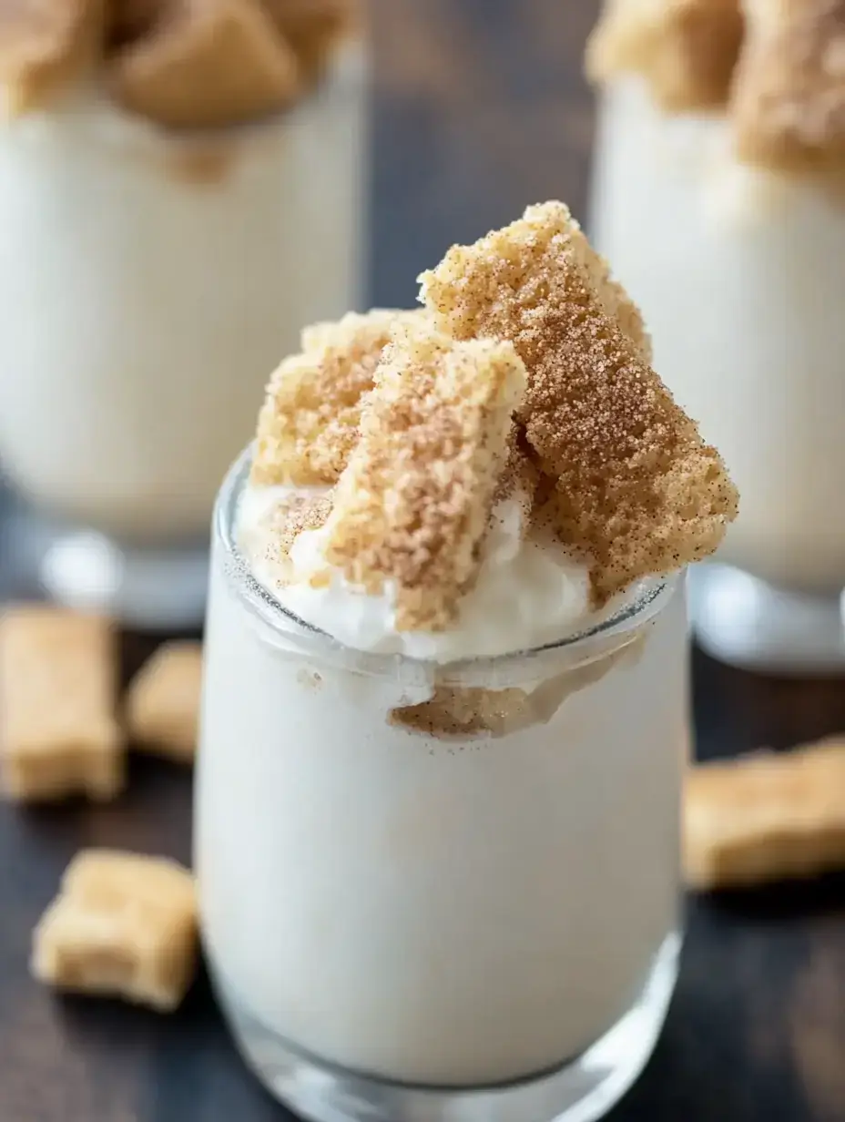 A close-up of a dessert in a glass, topped with whipped cream and cinnamon sugar, adorned with pieces of cinnamon sugar cookies.