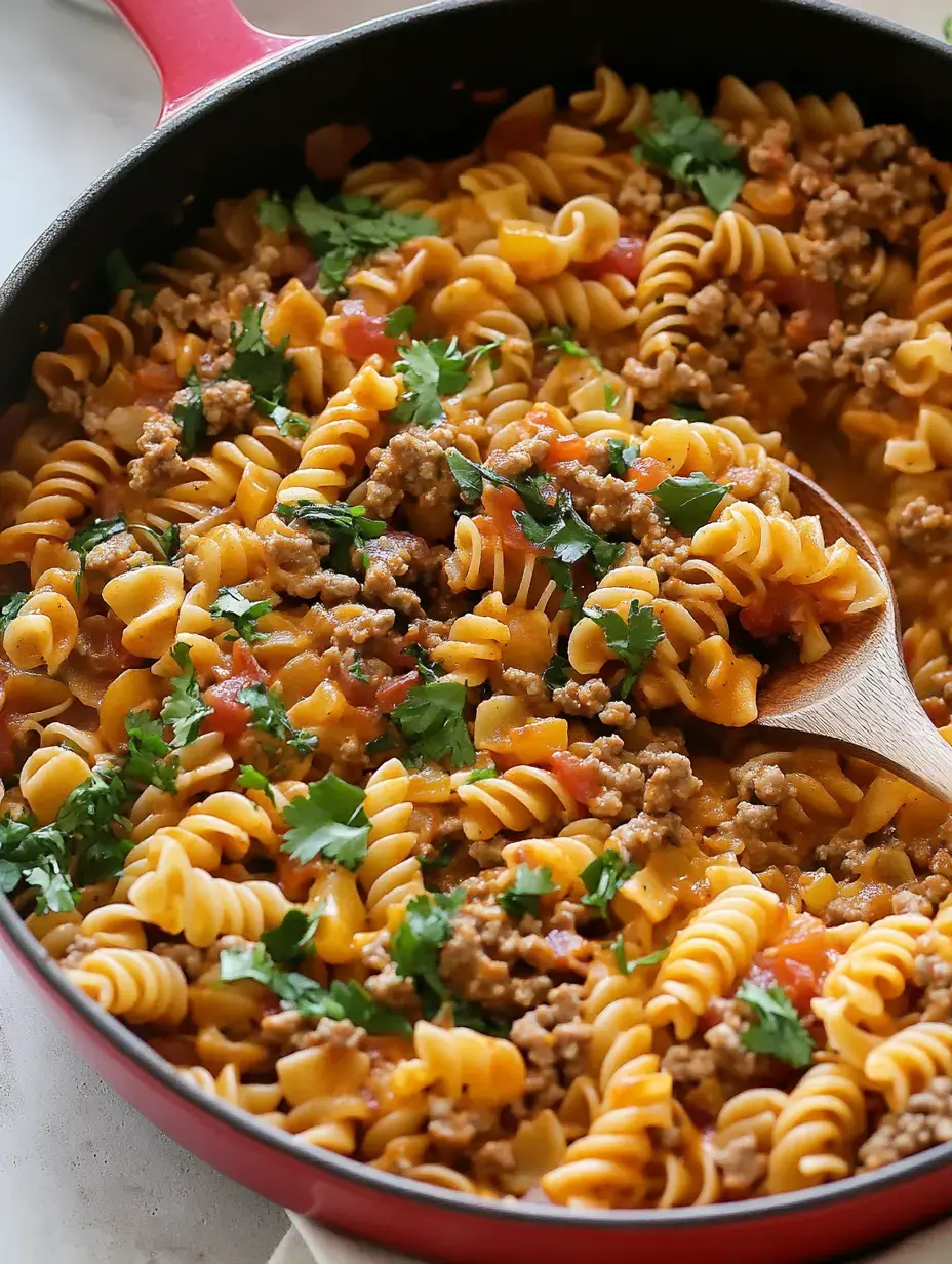 A skillet filled with spiral pasta mixed with ground meat, tomatoes, and garnished with fresh cilantro.