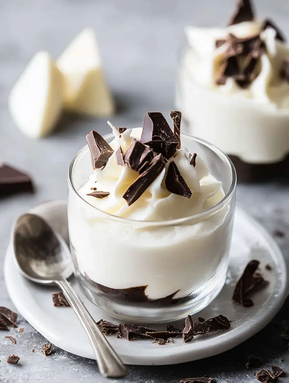 A glass dessert layered with chocolate and creamy white filling, topped with chocolate shavings, sits on a marble plate next to a spoon and scattered chocolate pieces.